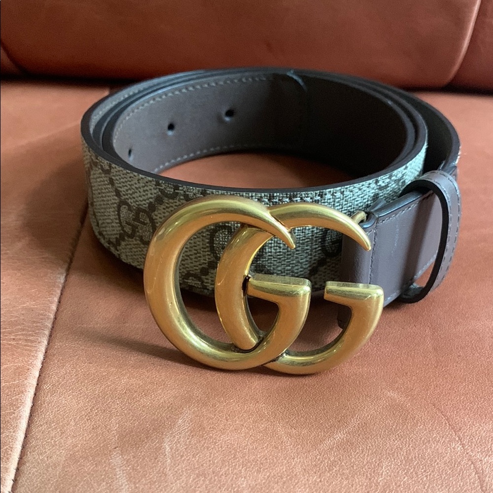 Gucci Brown Monogram and Leather Belt with Gold GG Buckle